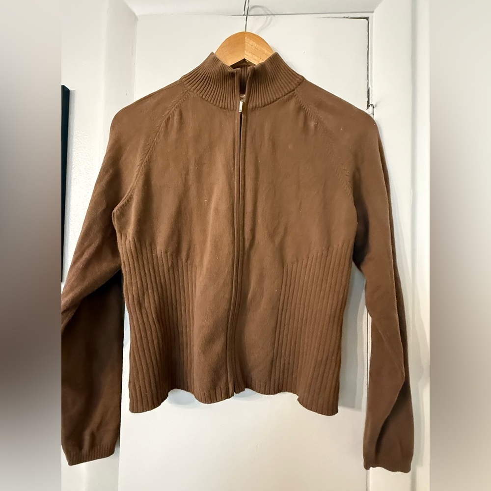 Vintage Y2K Talbots Petites Brown Ribbed Full-Zip Mock Neck Sweater | Size S